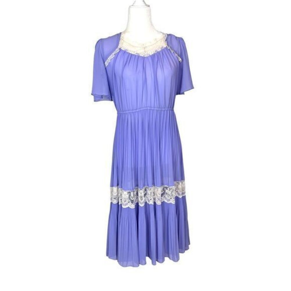 Vintage Purple Midi Dress Pleated White Lace Ruffle Flowy Romantic Sheer Regency
